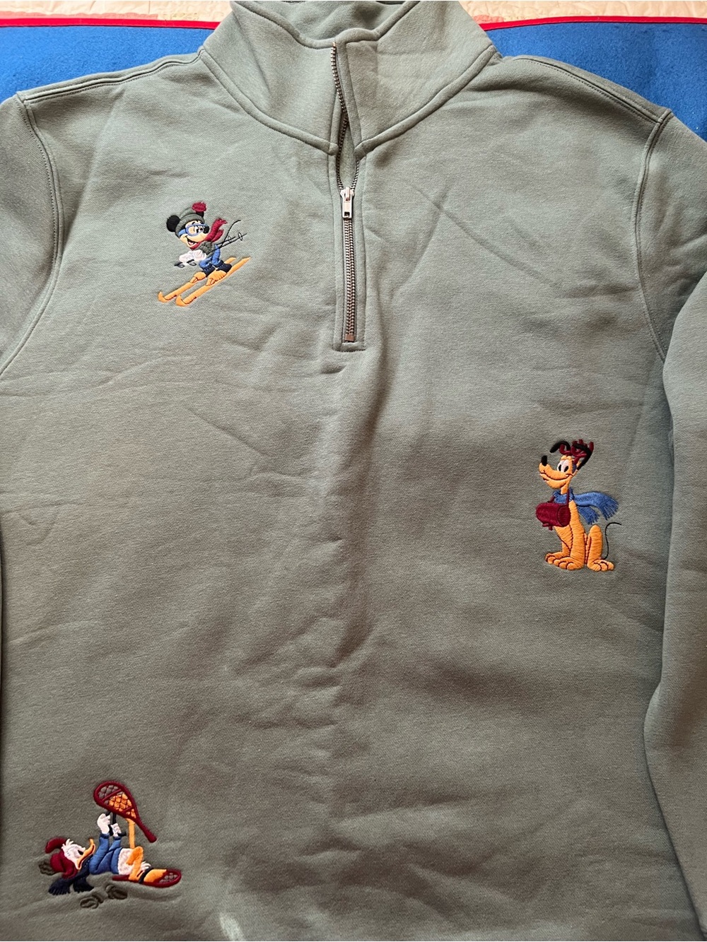 NWT Unisex XXL Green Quarter-Zip Sweatshirt with Embroidered Disney Characters